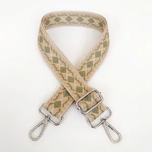 Detail of beige and matcha green jacquard canvas strap with silver metal lobster clasps
