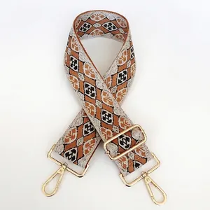 Detail of adjustable geometric jacquard canvas bag strap with gold metal lobster hooks