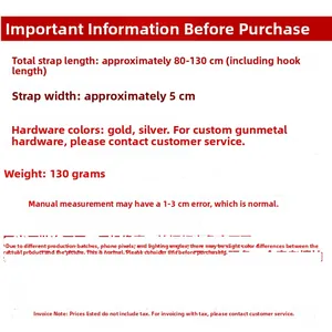 Detailed size specifications for the adjustable 5cm wide nylon shoulder strap with hooks