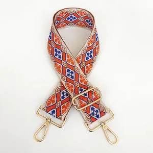 Close-up of geometric embroidered bag strap with orange and blue patterns and gold clips