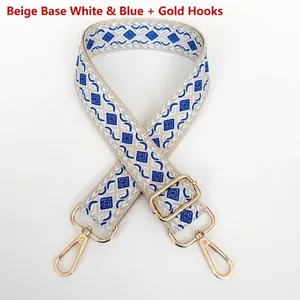 Detail view of woven bag strap featuring blue diamond pattern and gold metal hardware
