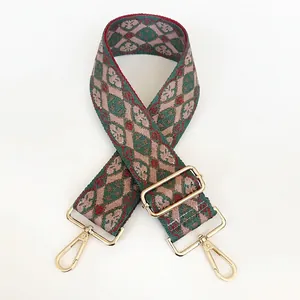 Detail of vintage geometric jacquard bag strap with adjustable gold lobster clasps