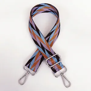 Macro detail of adjustable B74 geometric strap with purple zigzag pattern and silver hooks