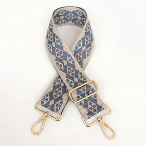 Detail of blue geometric embroidered bag strap with gold rotating metal hooks