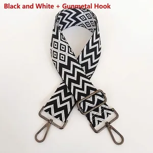 Detail of durable nylon shoulder strap with black and white wave pattern and gunmetal hooks