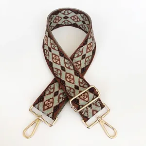 Adjustable wide canvas shoulder strap with geometric diamond weave and gold hardware