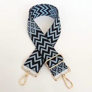 Detail of blue geometric woven nylon bag strap with polished gold swivel snap hooks