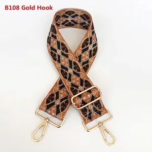 Detail of vintage geometric jacquard bag strap with gold rotating metal hook
