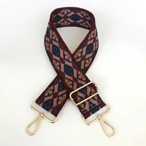 Macro shot of ethnic geometric woven strap with gold metal hooks and adjustable buckle