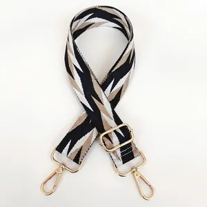 Detail of adjustable geometric strap with navy blue patterns and gold metal hooks