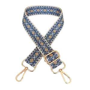 Adjustable canvas shoulder strap with blue and gold geometric jacquard and metal hooks