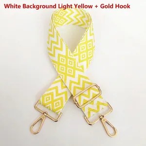 Detail of adjustable nylon bag strap with yellow geometric pattern and gold swivel hooks