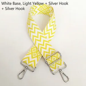 Macro detail of patterned woven bag strap with silver metal swivel hooks and adjuster