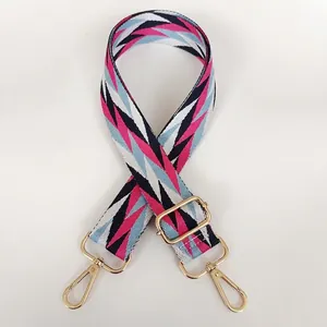 Adjustable shoulder strap with navy blue geometric zigzag pattern and gold hooks