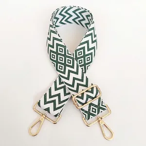 Detail of adjustable nylon bag strap with green geometric pattern and gold metal hooks