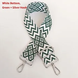 Detail of white and green geometric nylon strap with silver metal hooks and buckle