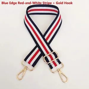 Adjustable striped fabric shoulder strap with blue and red patterns and gold metal clips