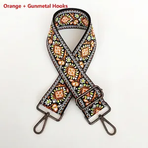 Close-up of ethnic orange woven bag strap with geometric patterns and gunmetal hardware