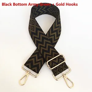 Detail of adjustable nylon bag strap with black and army green geometric pattern and gold hooks