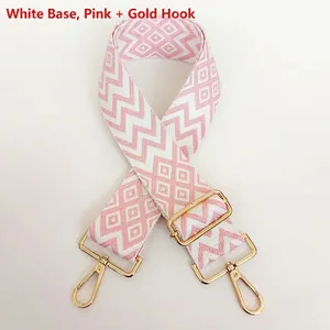 Detail of pink and white geometric woven nylon shoulder strap with gold metal hooks