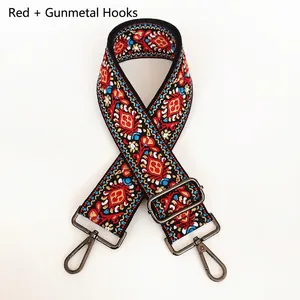 Detail of red ethnic embroidery strap with gun-black metal lobster clasps and adjusters