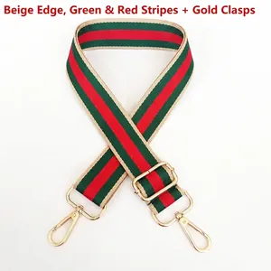 Detail of adjustable woven handbag strap with green and red stripes and gold clasps