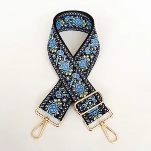 Ethnic style light blue woven wide bag strap with adjustable gold lobster clasps