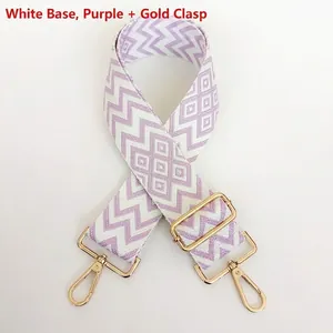 Detail view of purple and white geometric woven strap with high-quality gold metal hooks