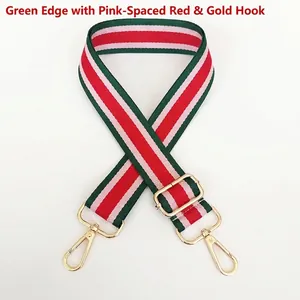 Close-up of adjustable striped nylon shoulder strap with golden metal spring hooks