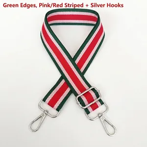 Close-up of adjustable striped canvas strap with silver metal swivel hooks and buckles