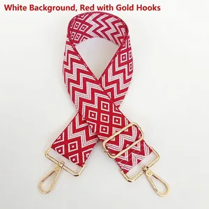 Close-up of red geometric woven strap with 360-degree rotating gold metal hooks