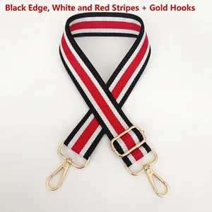 Detail of adjustable black, white, and red striped nylon shoulder strap with gold metal hooks
