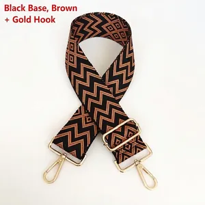 Detail of adjustable nylon bag strap with brown wave pattern and gold metal hooks