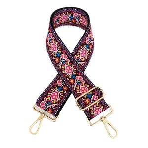 Adjustable ethnic style wide shoulder strap with floral embroidery and golden metal hooks
