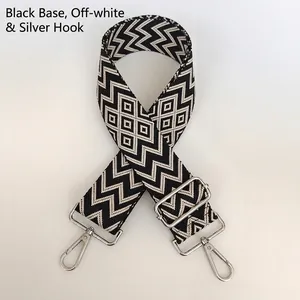 Detail of wide nylon bag strap with geometric wave pattern and silver metal hooks