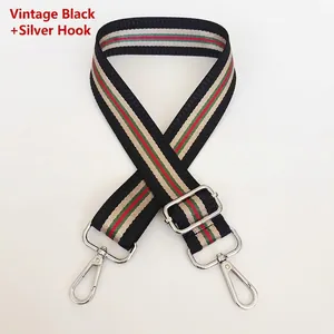 Detail of adjustable canvas strap with retro black texture and red-green stripe pattern