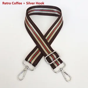 Adjustable wide striped strap with vintage coffee base and silver metal lobster hooks