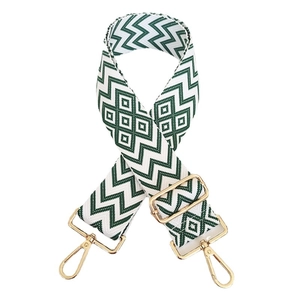 Adjustable green and white geometric pattern nylon bag strap with gold metal hooks