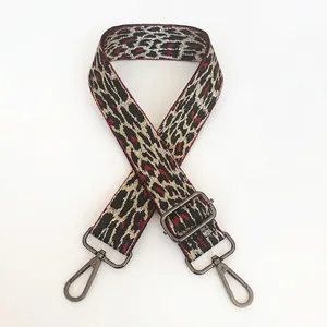 Detail of burgundy leopard print wide adjustable strap with gunmetal swivel hooks