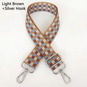 Bandoulière tissée à damier marron et bleu avec mousquetons rotatifs en métal argenté