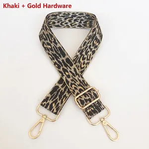 Adjustable leopard print wide shoulder strap with khaki weaving and gold metal hooks