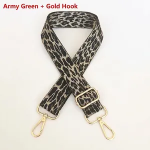 Adjustable leopard print bag strap in army green with gold metal hooks and wide woven fabric