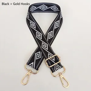 Detail of adjustable black wide strap with white geometric patterns and gold metal hooks