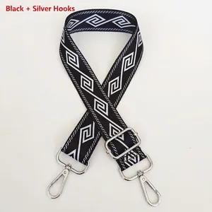 Detail of adjustable nylon backpack strap with ethnic geometric pattern and silver hooks
