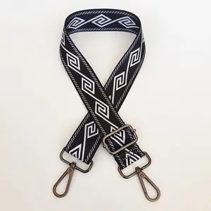 Macro detail of wide black nylon bag strap with white geometric patterns and metal hooks