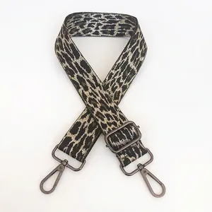 Detail of adjustable leopard print bag strap in army green with gunmetal hooks