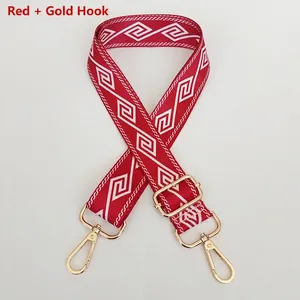 Close-up of red and white geometric woven shoulder strap with gold metal swivel hooks