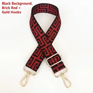 Detail of adjustable geometric jacquard bag strap with gold metal lobster clasps