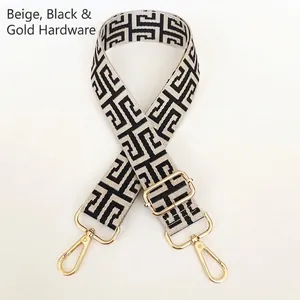 Adjustable wide replacement shoulder strap with beige black geometric pattern and gold hooks