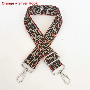 Detail of adjustable leopard print bag strap in orange with silver metal lobster clasps